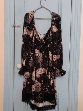 Celestial Print Black & Cream Long Bell Sleeve  Dress